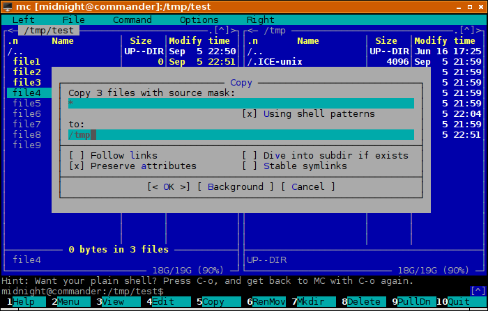 Midnight Commander - Highlighting and Copying Files