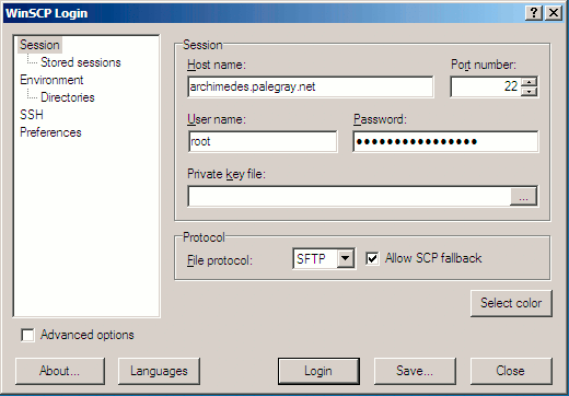 WinSCP session login screen.