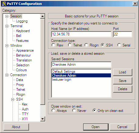 Saving an SSH session for Cherokee administration in PuTTY.